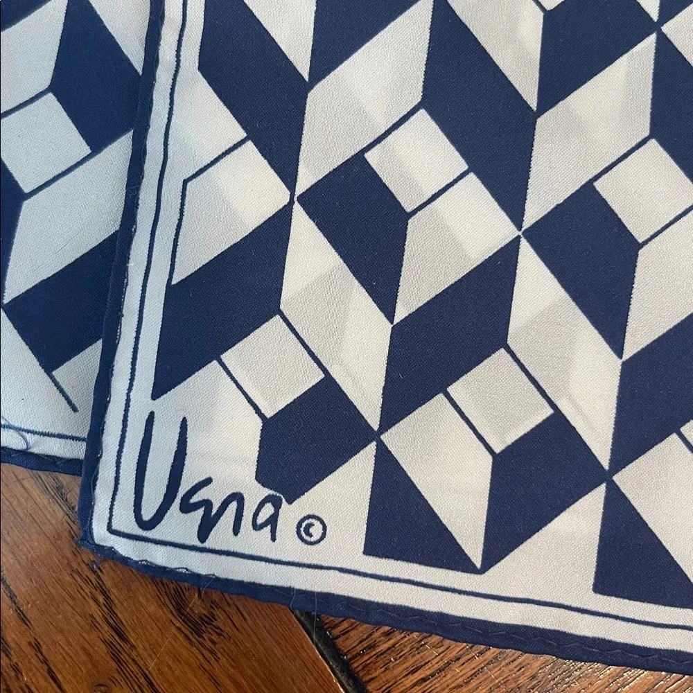 Vera Neumann Vintage Oblong Navy Blue White Geometric Print scarf Retro 70s
